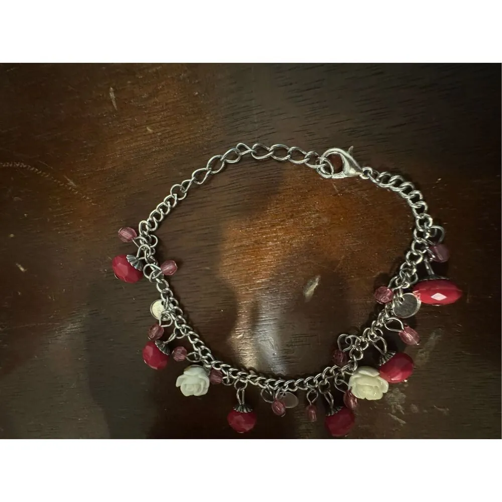Vintage‎ Y2K Womens Pink Floral Rose Rhinestone Chain Beaded Charm Bracelet 90s Silver - Image 2
