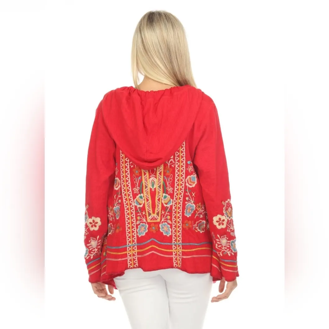 Johnny Was Jemima Hoodie in red with colorful floral embroidery Size S - Image 3