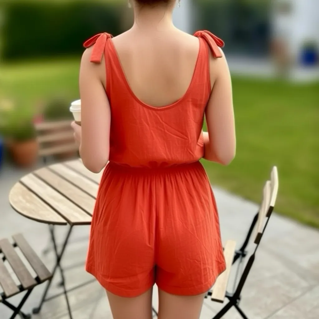 CUPSHE Women’s Cotton Romper Button Accents Tie Waist Shorts Size M Orange - Image 2