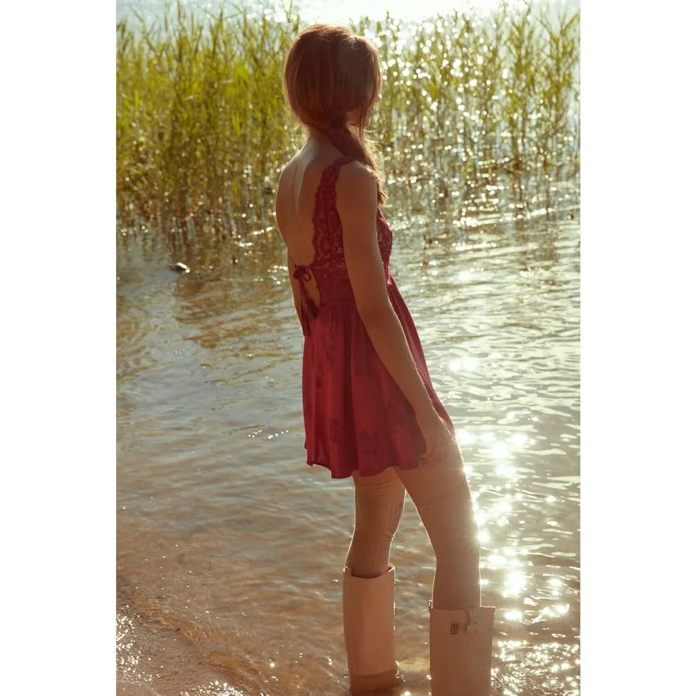 For Love & Lemons Red Floral Lace Silk Satin Sleeveless Mini Slip Dress Sz L Size L - Image 4