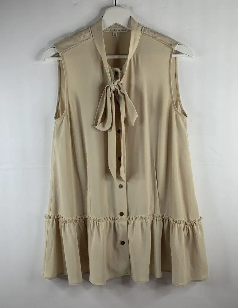 Rachel Roy Size M Tunic Long Blouse Beige Sleeveless V-neck Tie Front Peplum - Image 2