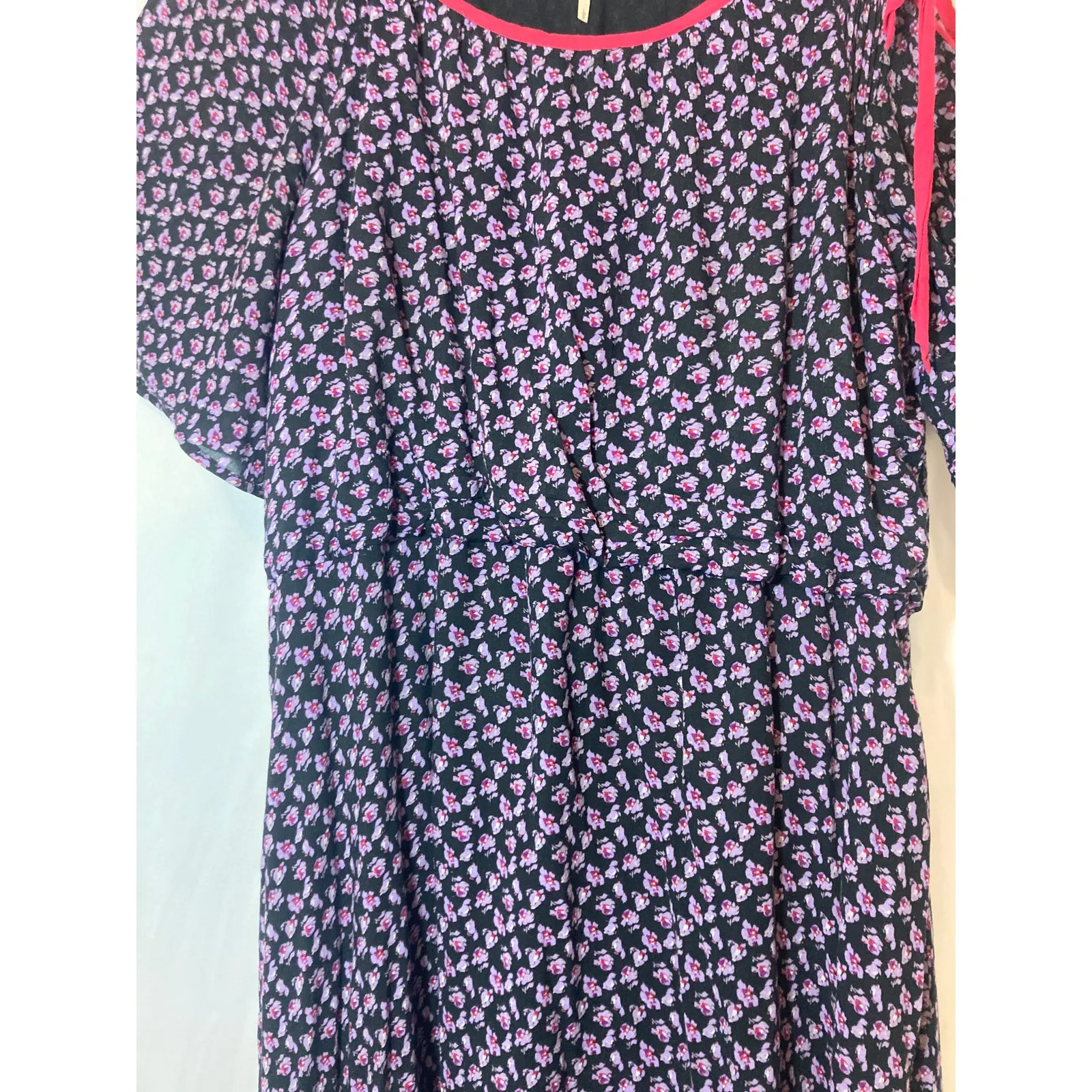 Free People Purple Pink Floral Asymmetrical Cold Shoulder Tie Mini Flounce Dress - Image 9