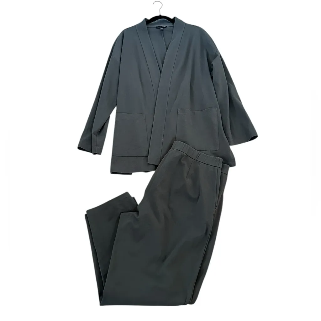 Eileen Fisher Gray 2pc Set Cardigan Pants Organic Cotton Minimalist Size Large - Image 2