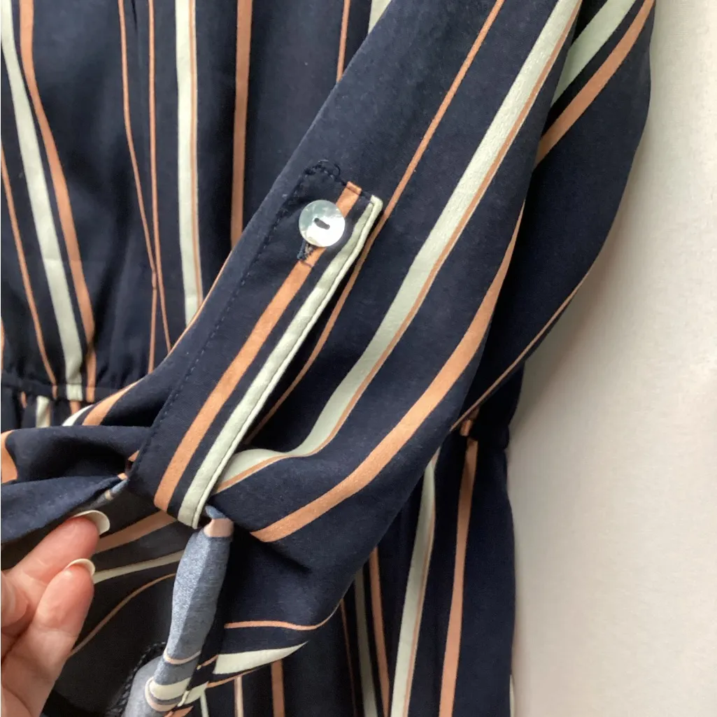 She + Sky mini dress with curved hem. Navy, coral and cream stripes. Size Large - Image 12