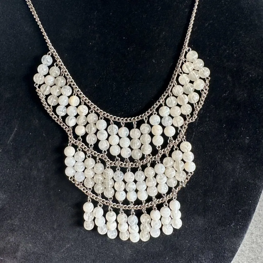 Vintage Statement Necklace Fashion Jewelry Beaded Silver Tone Beige Whimsigoth - Image 3