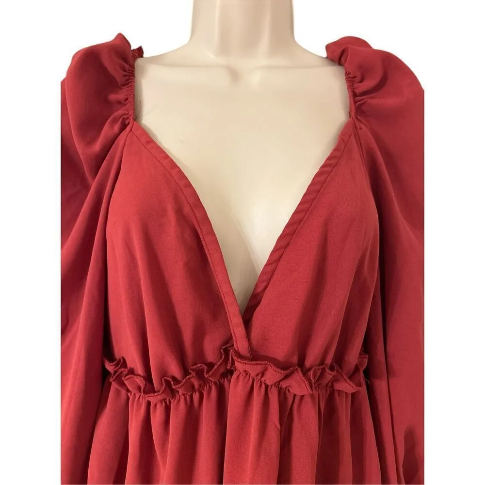 Missguided Women's Puff Sleeve Wrap Over Skater Dress Burgundy Size US:4 NWT - Image 3