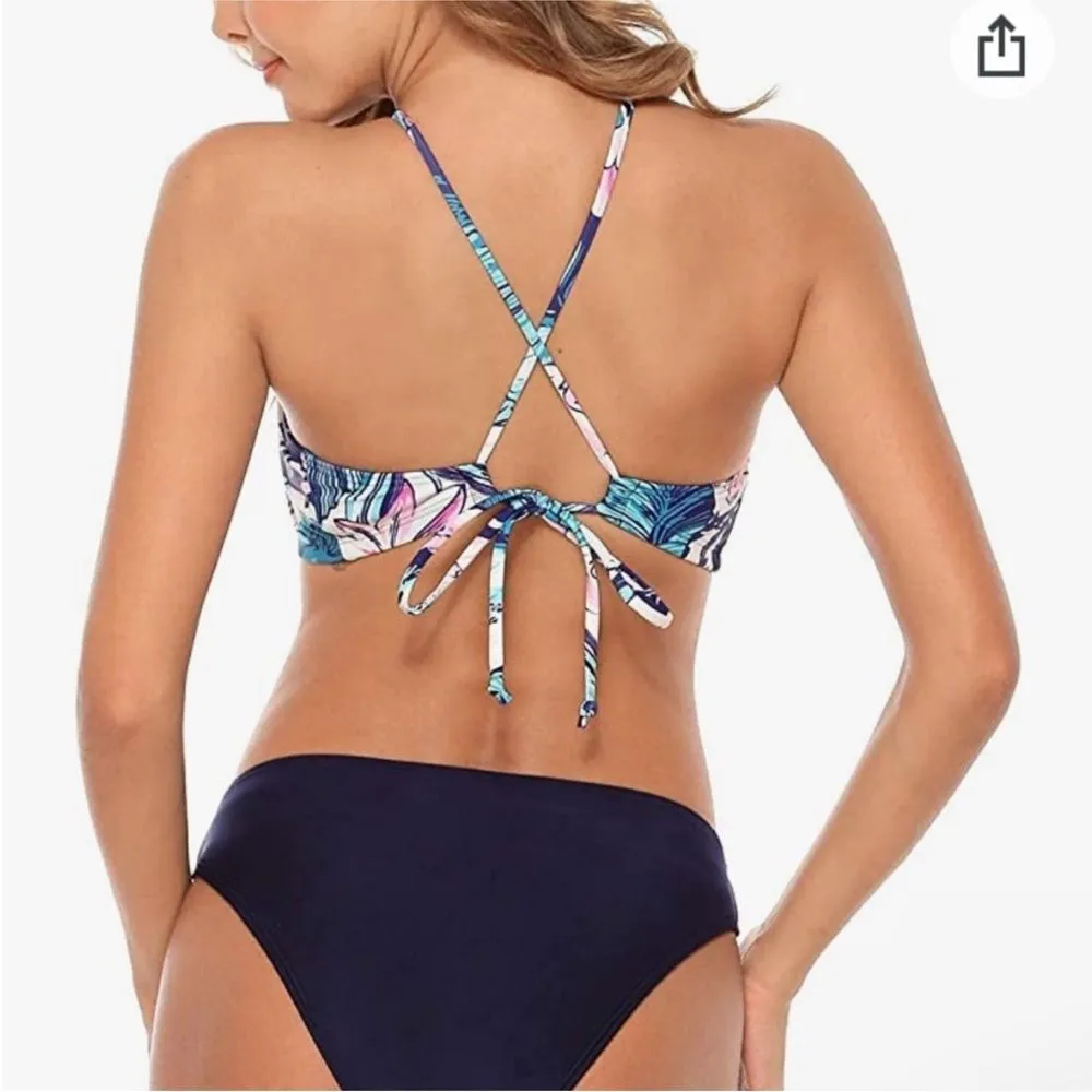 NWT Floral Bikini 2 Piece Swimsuits Halter High Neck Sporty Size Large UPF 50+ Blue - Image 3