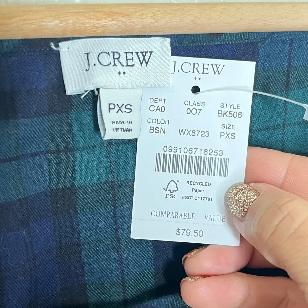 J. Crew Women's Flannel Squareneck Ruffle Plaid Cotton Long Sleeve Top PXS NWT Green Size XS - Image 2