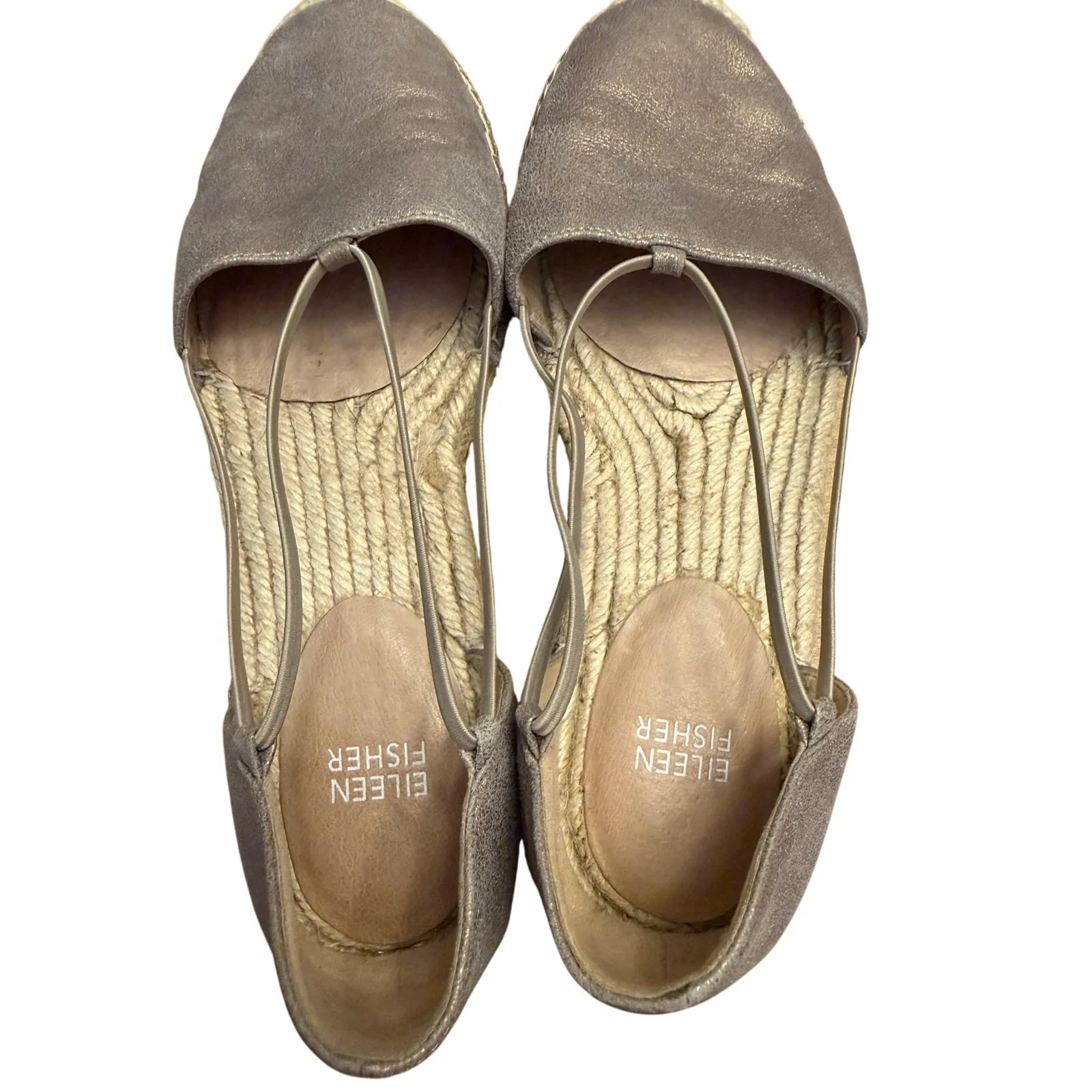 Eileen Fisher Lee Metallic Suede Espadrille Flat Women’s Sz 8 Platinum Jute Shoe - Image 6