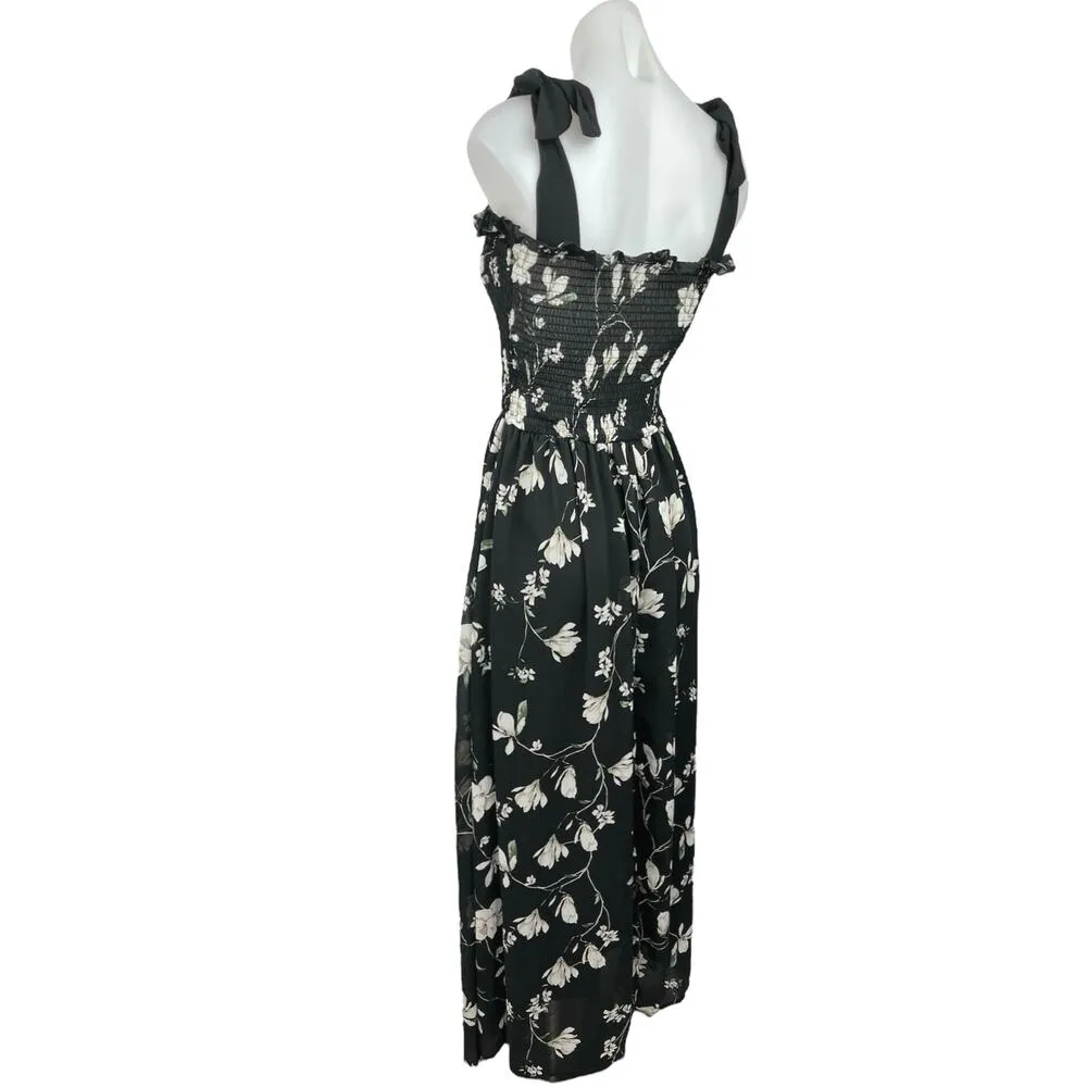 Shein Black Floral Ruffle Bow Strap Smocked Sleeveless Maxi A Line Dress Size 4 - Image 5
