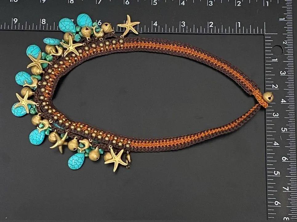 Unsigned Faux Turquoise Starfish Dolphin Beach Theme Crocheted Bohemian Necklace Blue - Image 7