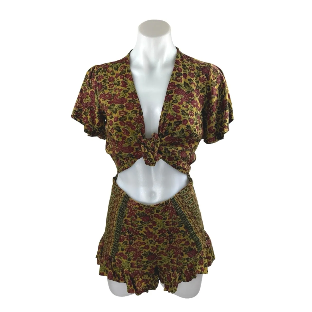 Free People Surf Date Multicolor Floral Short Sleeve Cutout Tie Romper Shorts 4 - Image 2