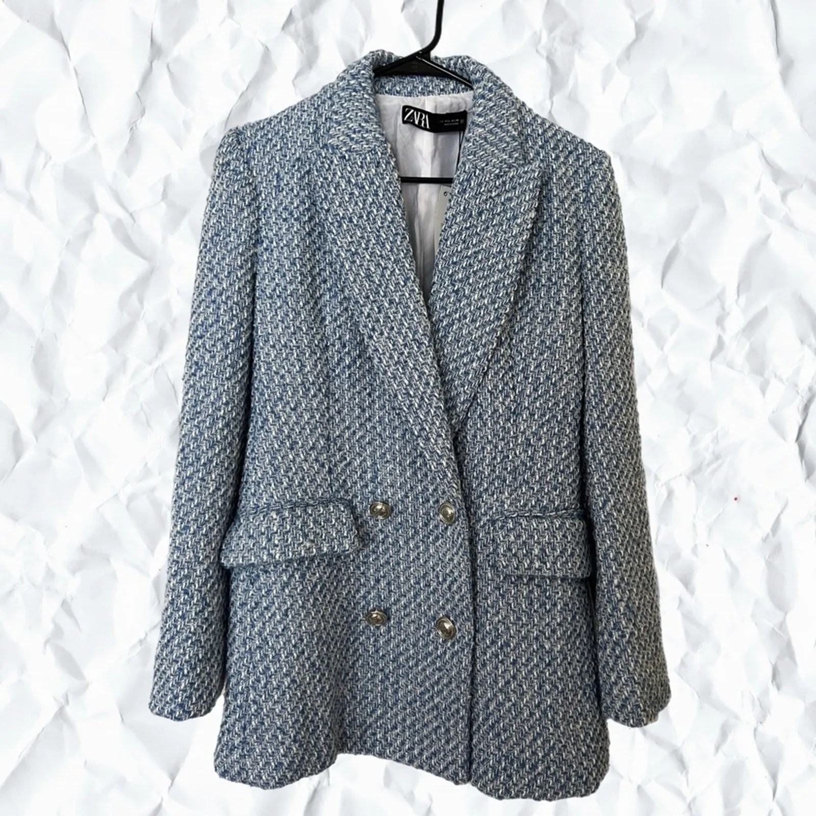 Zara Textured Double-breasted Blazer Blue White 8741/725 - large - Image 9