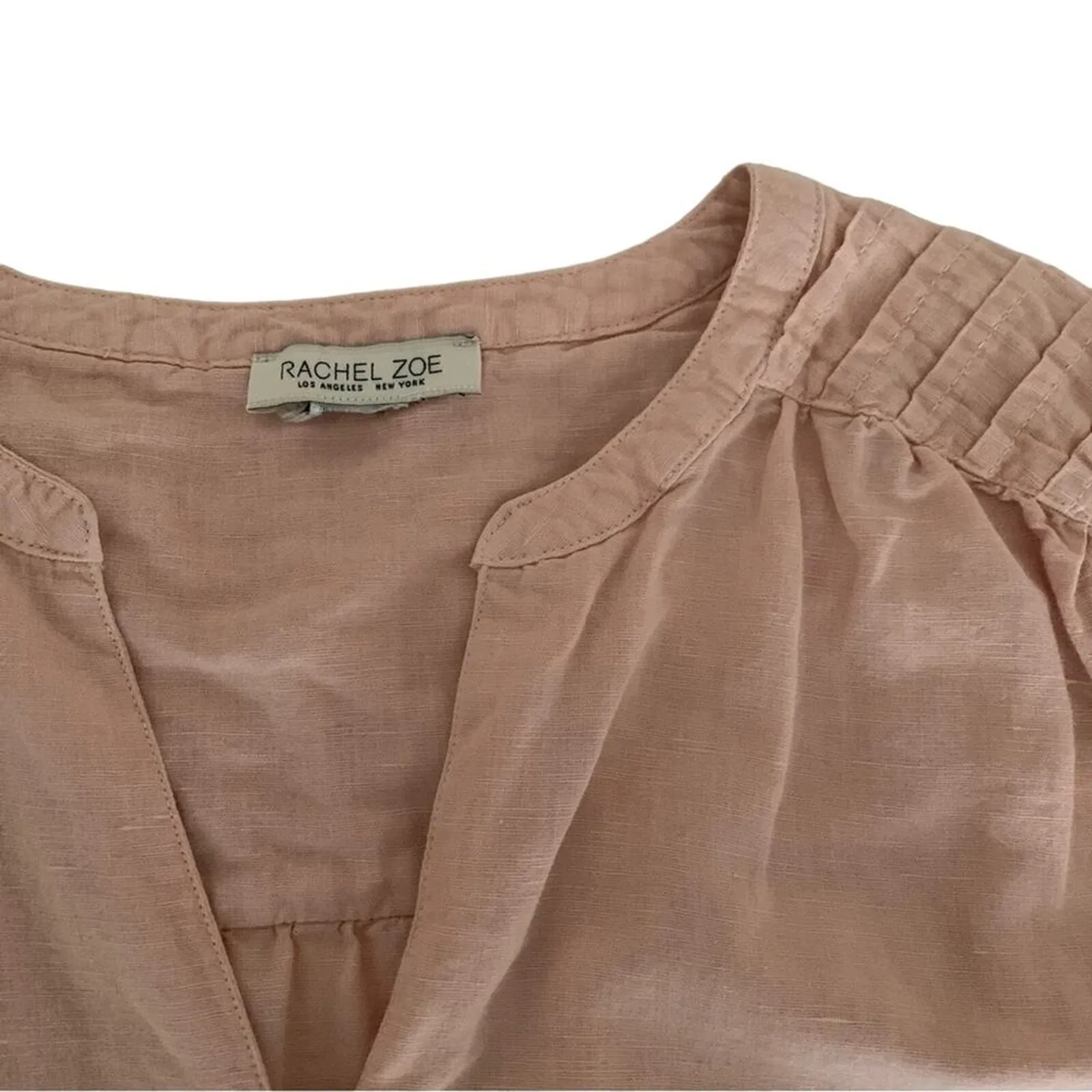 Rachel Zoe Pink Peach Linen Top Size Approx M with Tucks, Embroidery, Insertion - Image 3