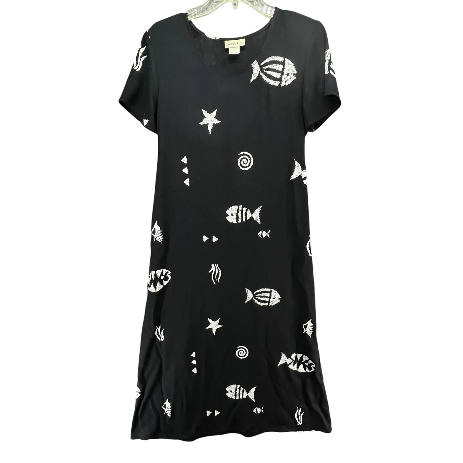 Vintage Connie Choi Dress Womens M Black Fish Shell Nautical Resort Coconut Girl Size M - Image 3