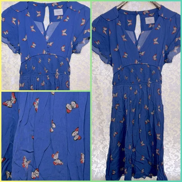 Oasis periwinkle Blue Dress with orange rust Butterfly print small - Image 2