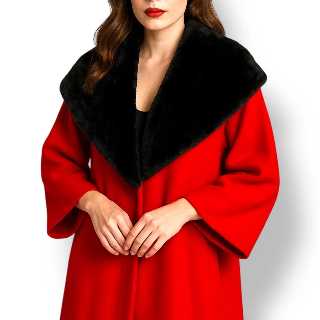 Vintage 50s Red Coat Black Faux Fur Collar Bains Las Vegas Medium Holiday Glam - Image 5
