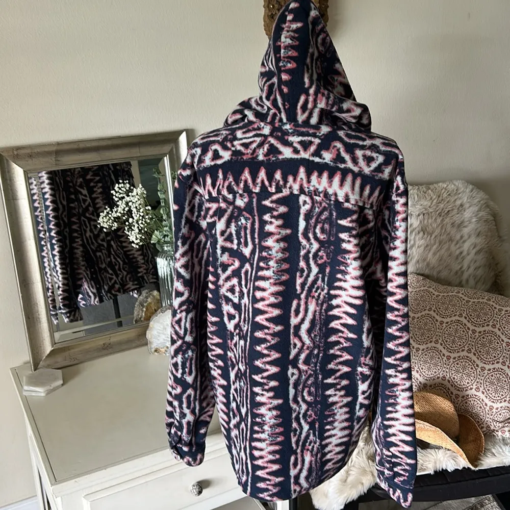 Billabong navy polar fleece hoodie adventure pull over boho tribal printed L​ - Image 8