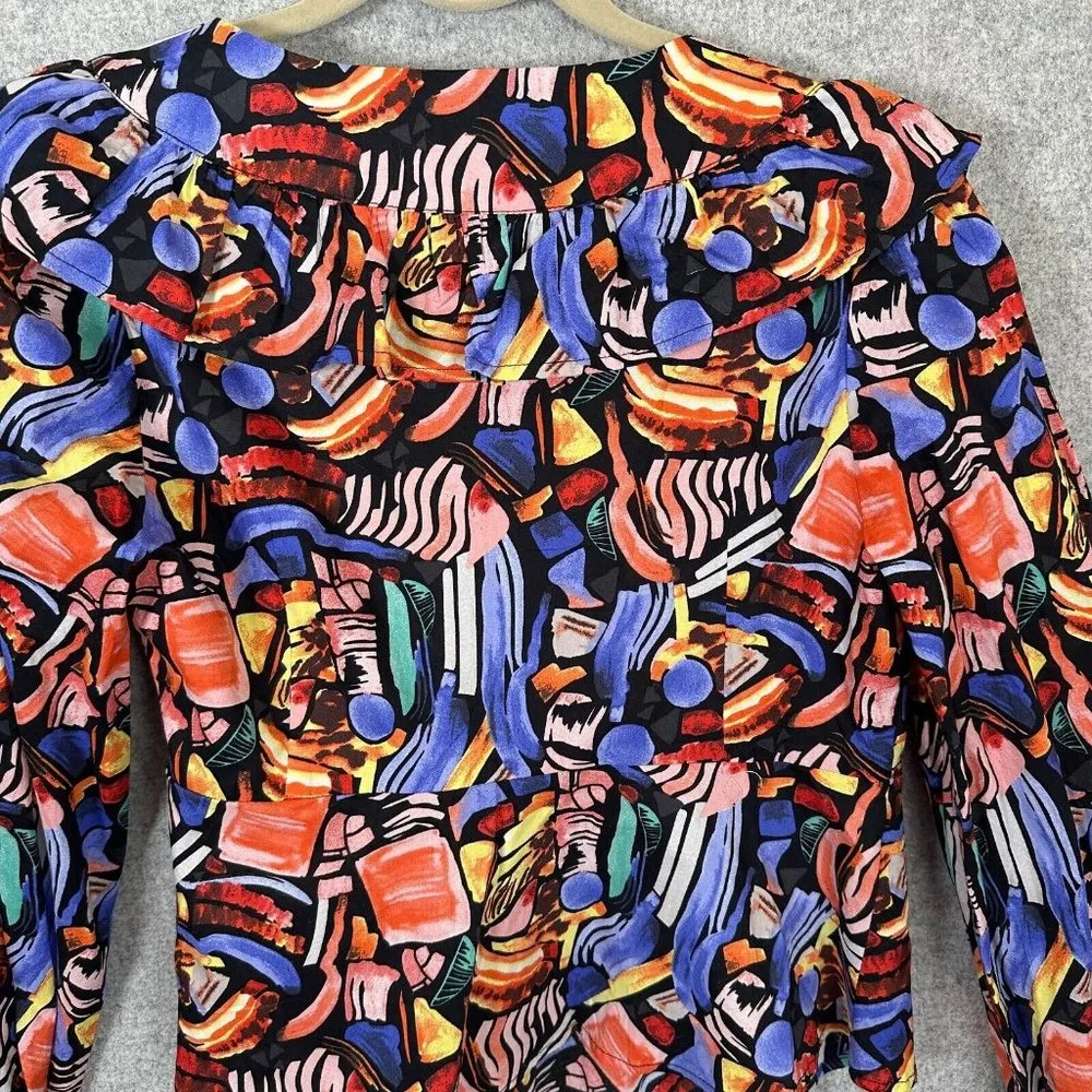 Vestique Women Small Blouse Top Wrap Tie Colorful V-Neck Ruffle Neck Geometric - Image 12