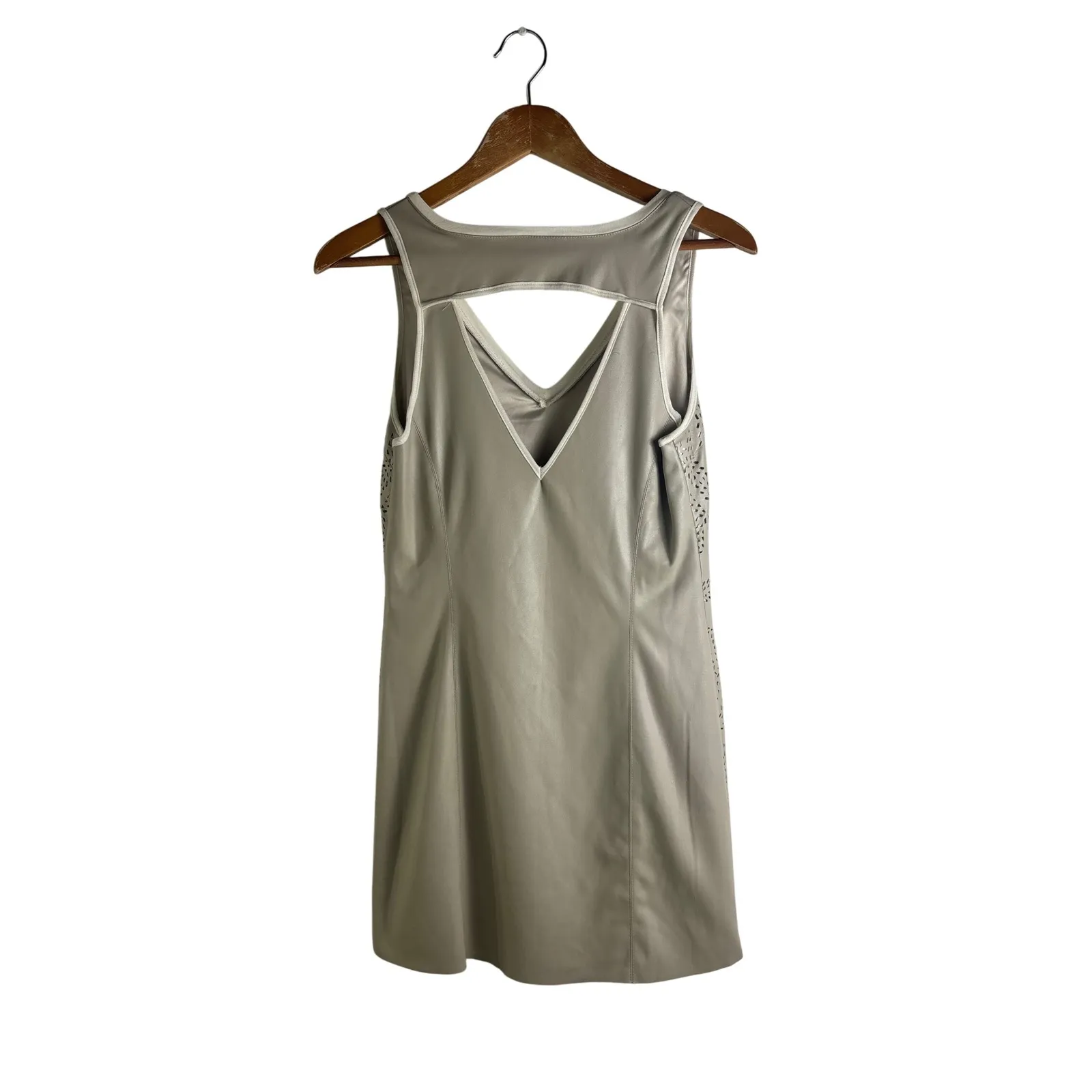 Tart XS Laser Cut Perforated Faux Leather Sleeveless Mini‎ Dress Tan Beige Gray - Image 5
