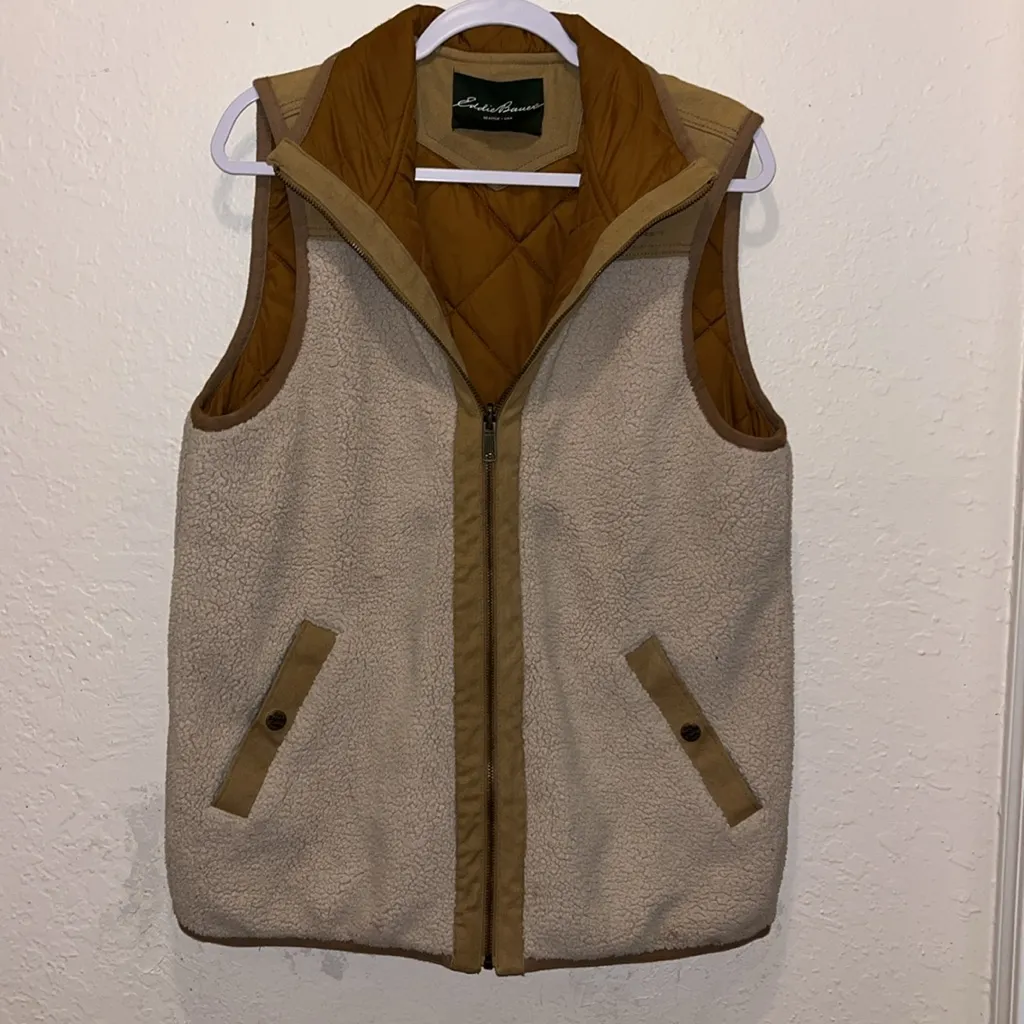 Vintage Unisex Eddie Bauer South REVERSIBLE Brown Quilted Vest Sherpa Lining - Image 13