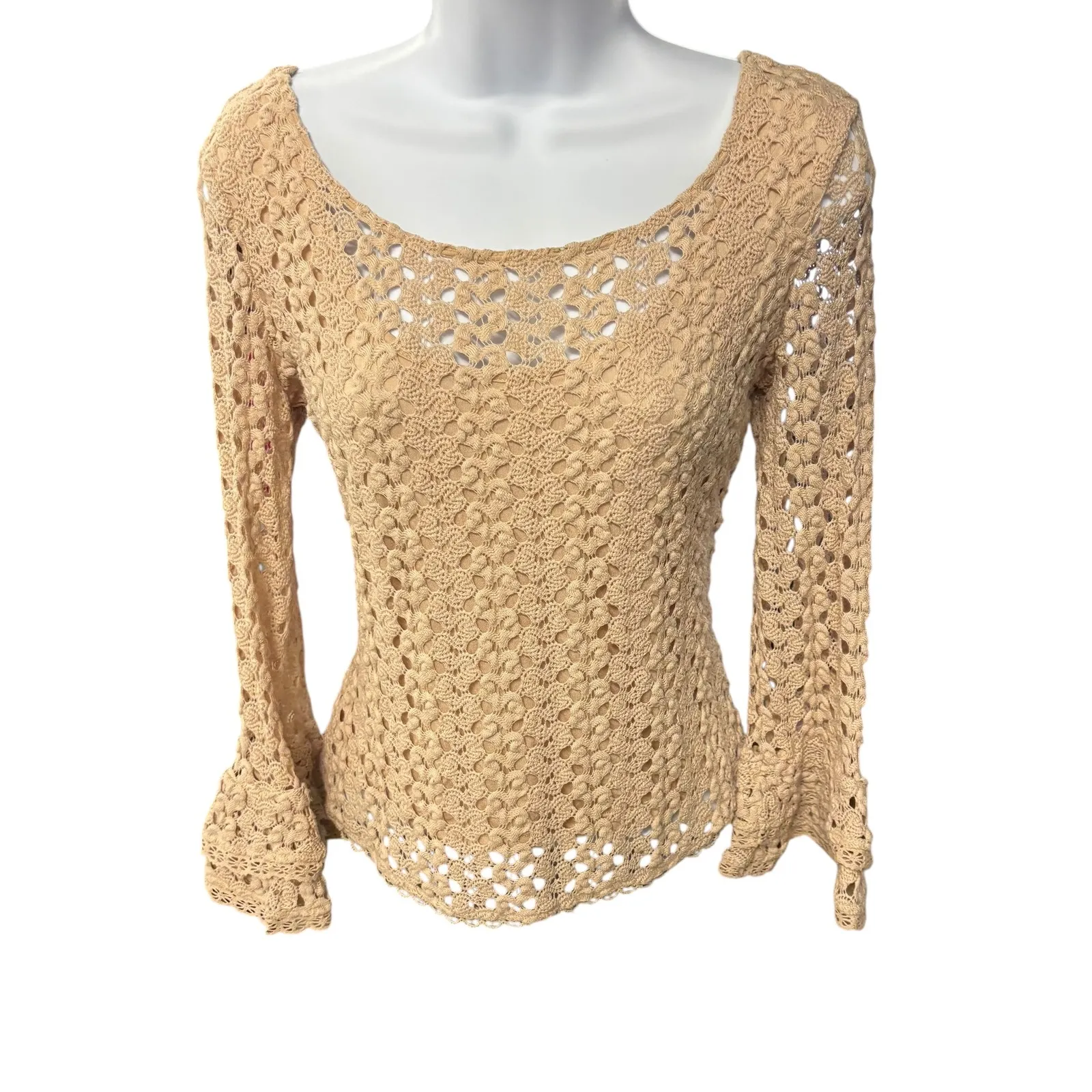 Free People Crochet Lace Bell Sleeve Scoop Neck Top‎ Beige Size S - Image 3