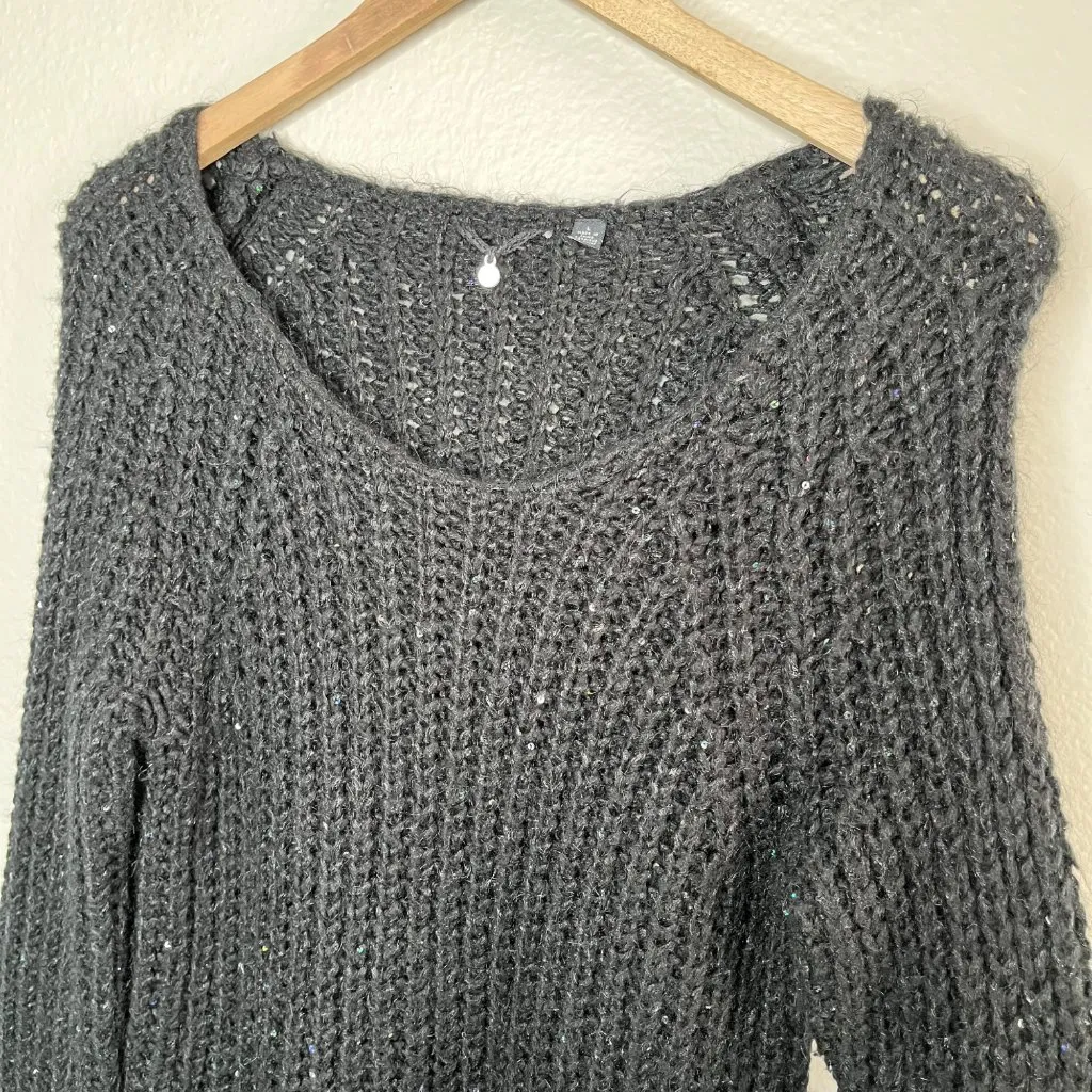 Anthropologie Knitted and Knotted Black Cable Knit Sequin Sweater L - Image 2