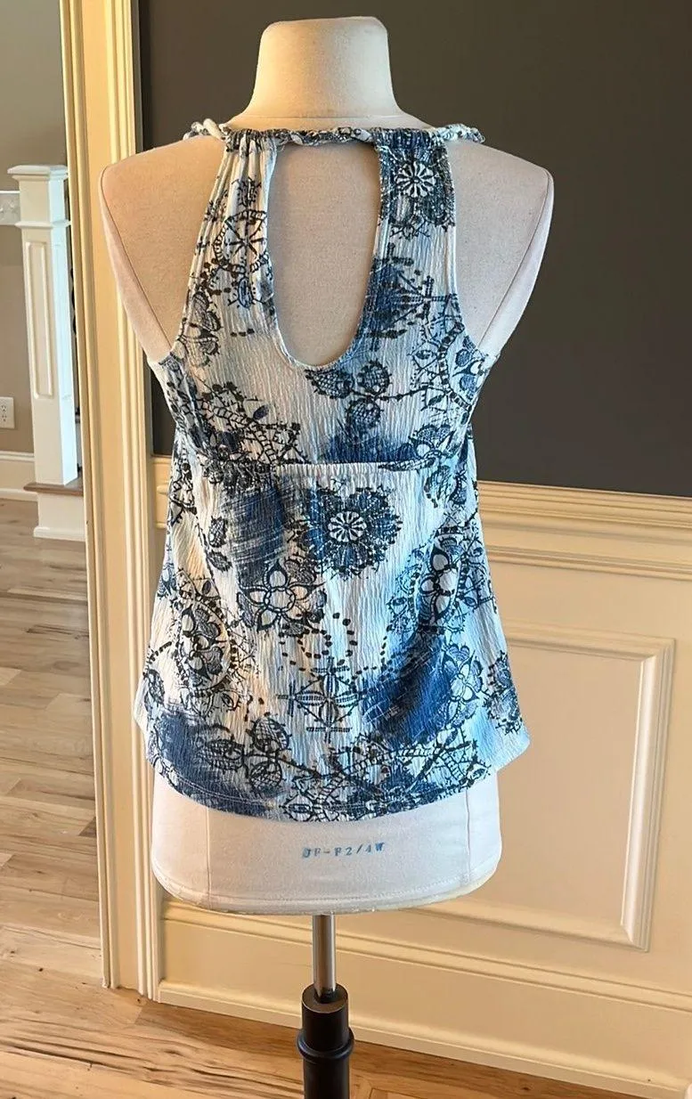 Tank Blue White Print Peplum Shirt Cotton Blend Medium - Image 9