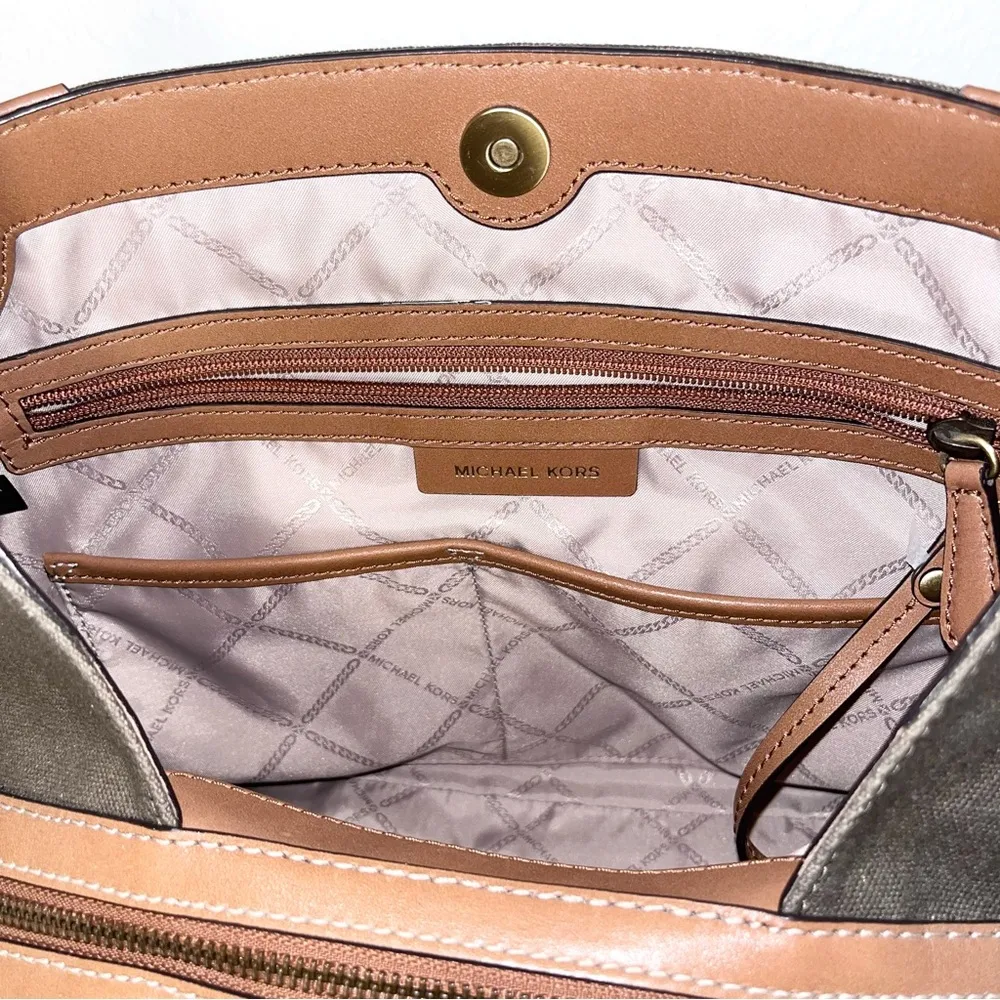 MICHAEL KORS Olive Camel Raven Canvas Leather Shoulder Tote Purse Handbag - Image 11