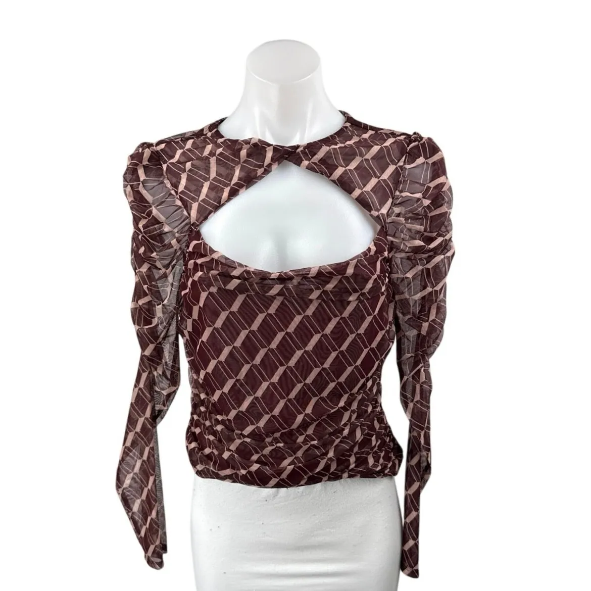 ASTR The Label Red Geometric Long Puff Sleeve Cutout Blouse Crop Top Size M - Image 2