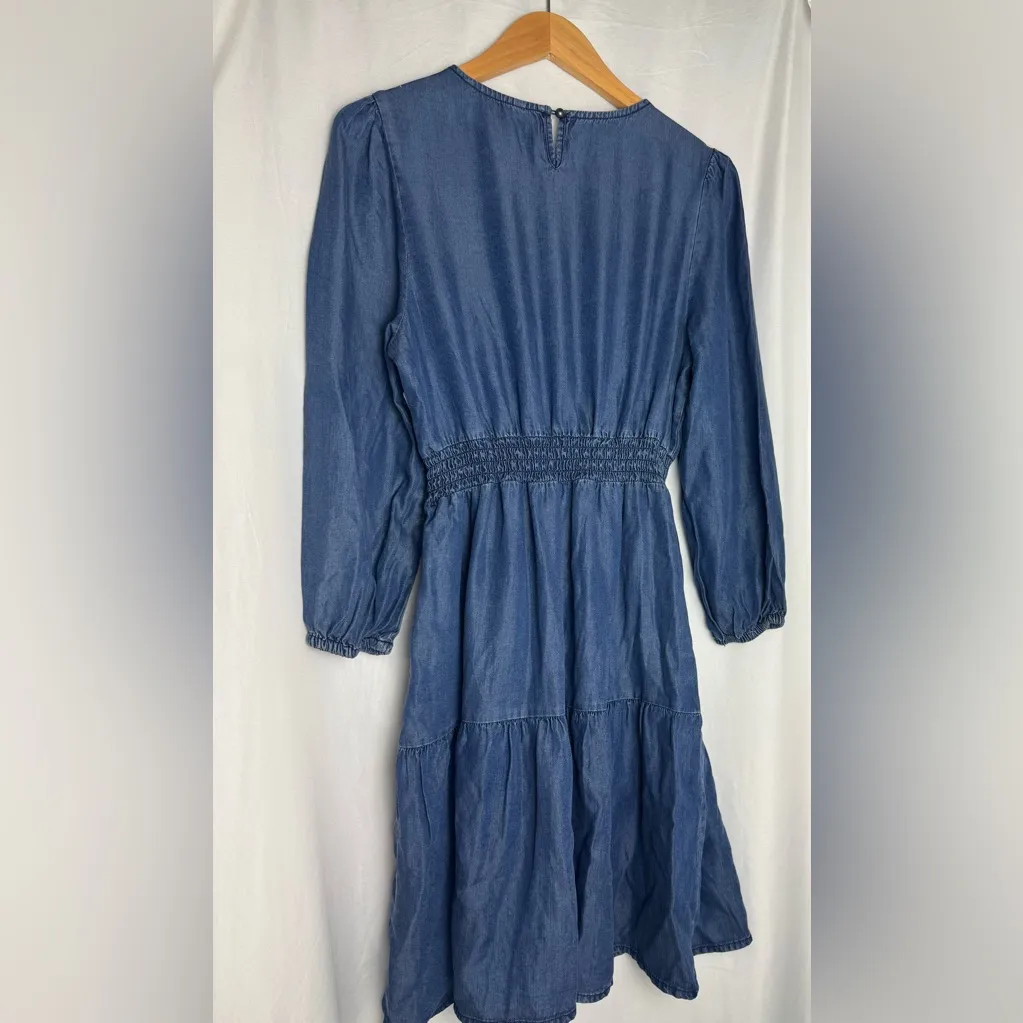 Blue Denim Dress boho trendy long sleeve cinched waist blue denim XS NWT - Image 4