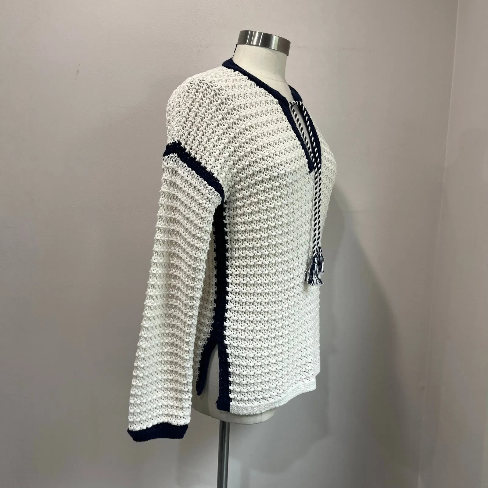 Martha Stewart Collection White Navy Knit Preppy Nautical Sweater Sz XS Blue - Image 3