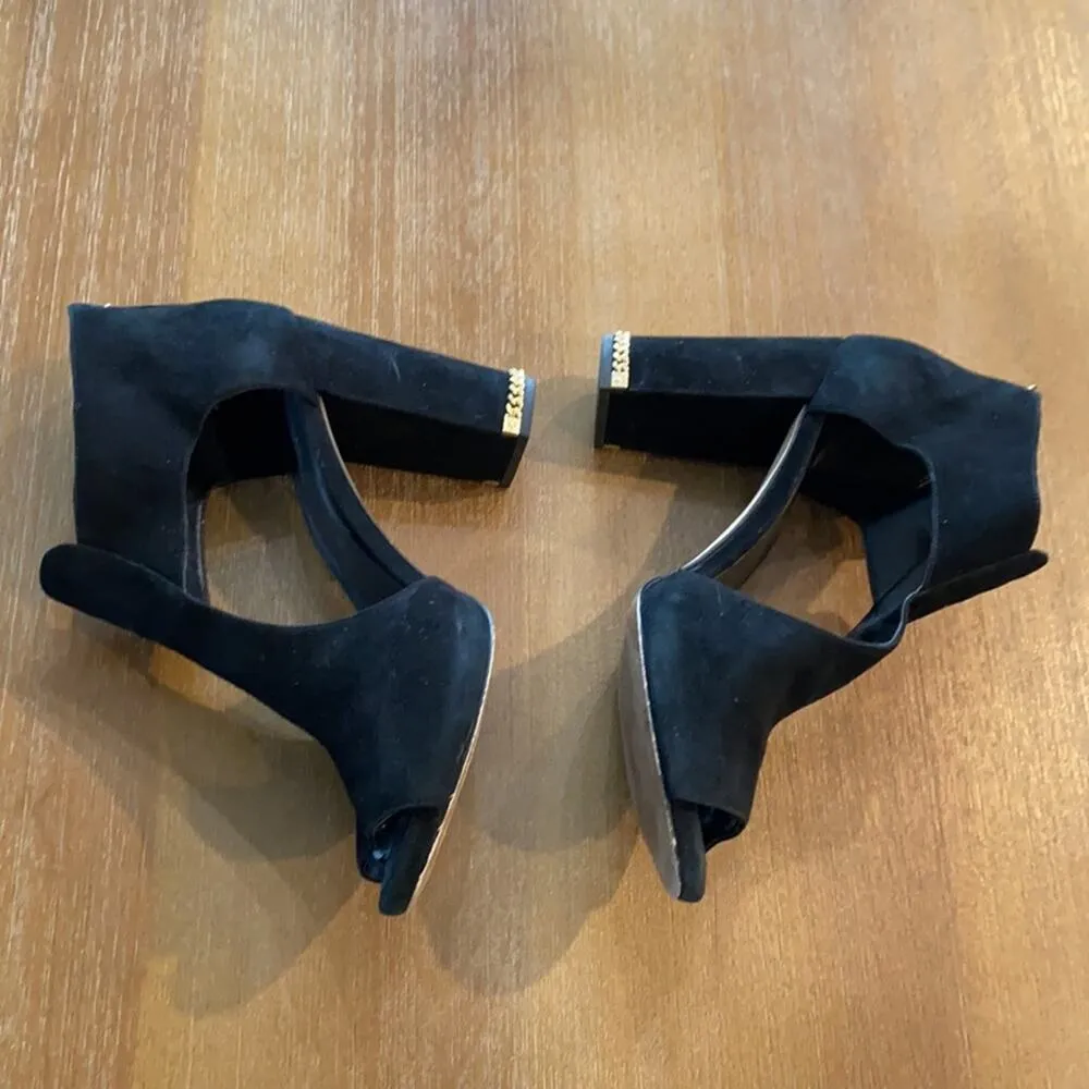 MICHAEL Michael Kors Sabrina block heel suede gold accents open toe sz 9.5 Black - Image 10