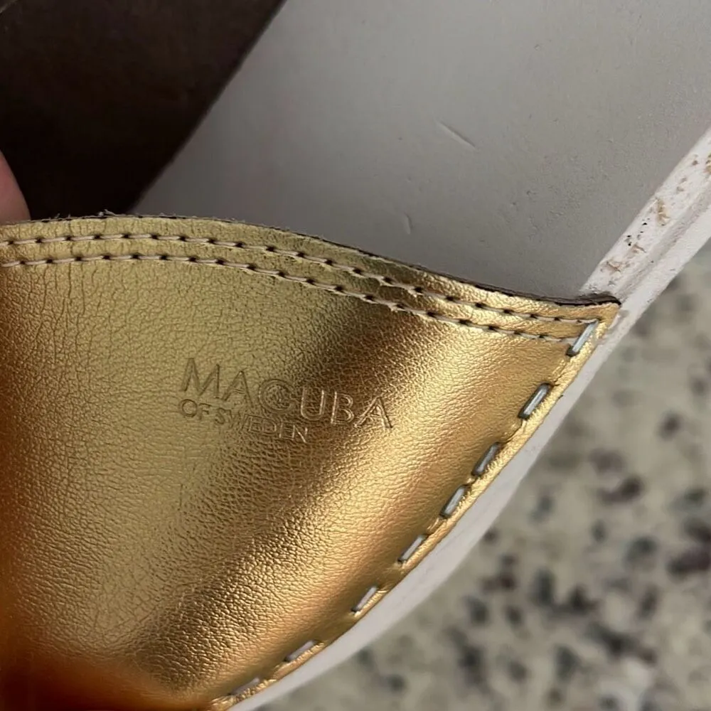 MAGUBA WOMEN'S STOCKHOLM SWEDEN WOOD HEEL Peep Toe Gold/White‎ 39/9 Gold - Image 3