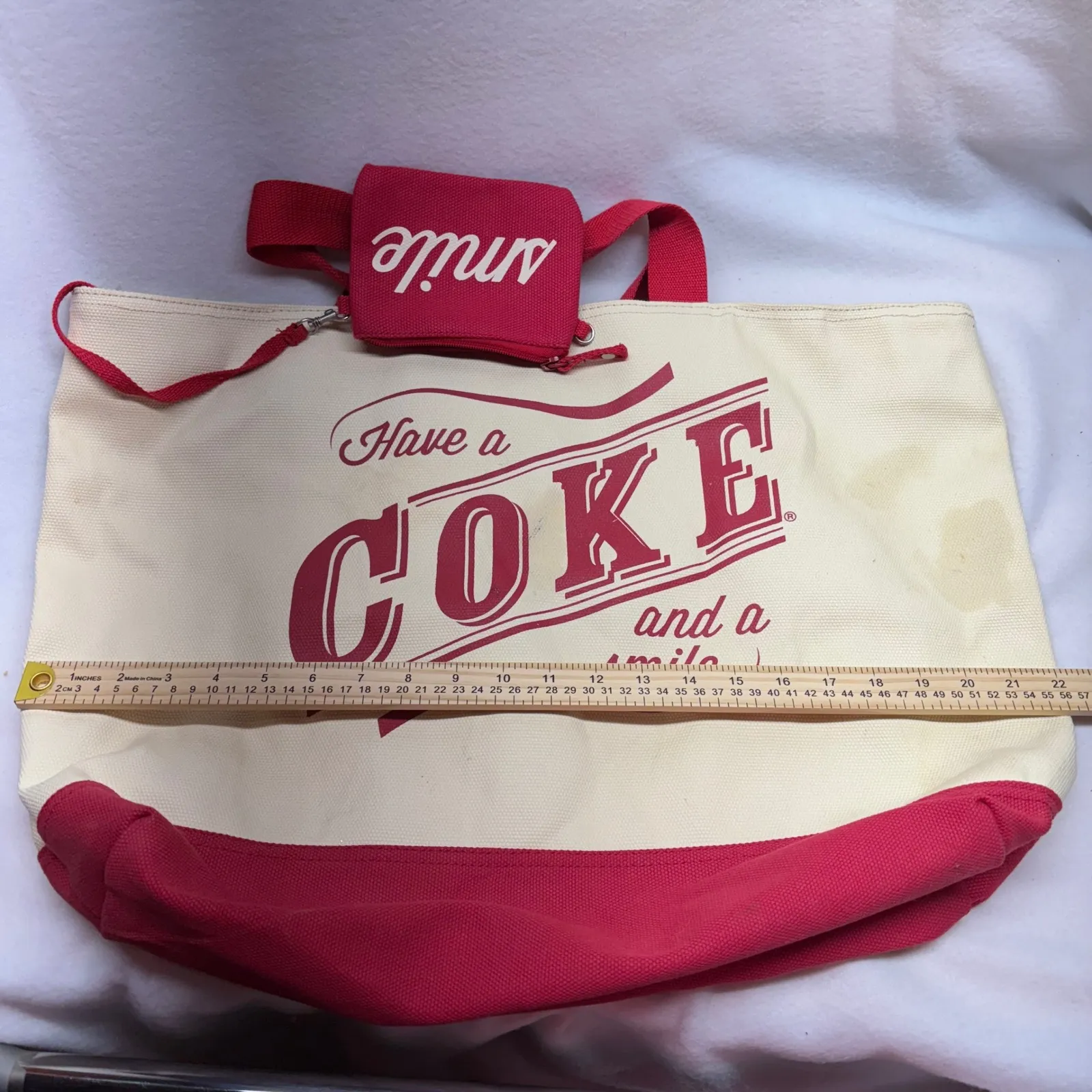 Coca Cola Canvas Tote Bag Red Cream with "Have a Coke and a Smile"Coin Pouch - Image 9