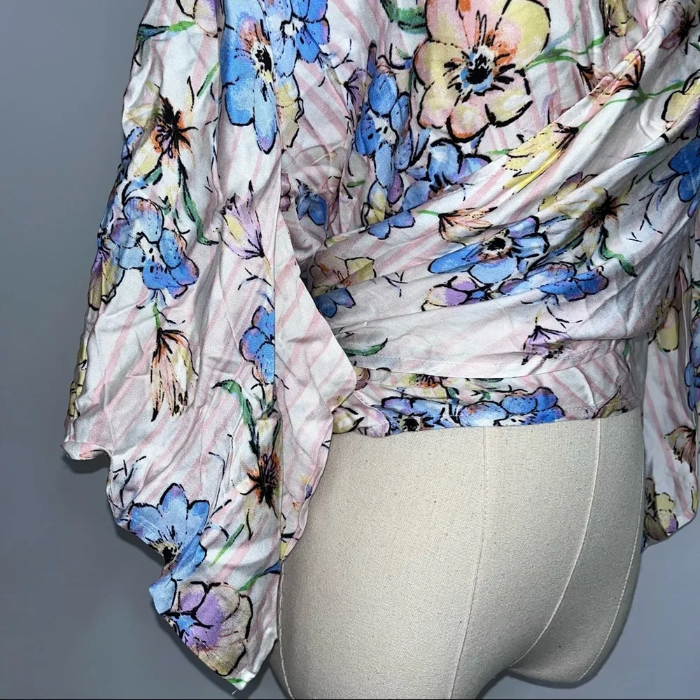 OLIVACEOUS Pink Striped Floral Wrap Tie V Neck Blouse Top Small NWT - Image 8