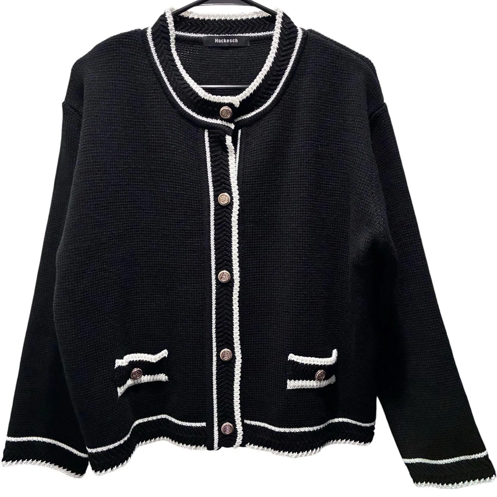 Hackesch Cardigan Button Up Long Sleeve Knit Sweater Black White Womens Size See Measurements - Image 5