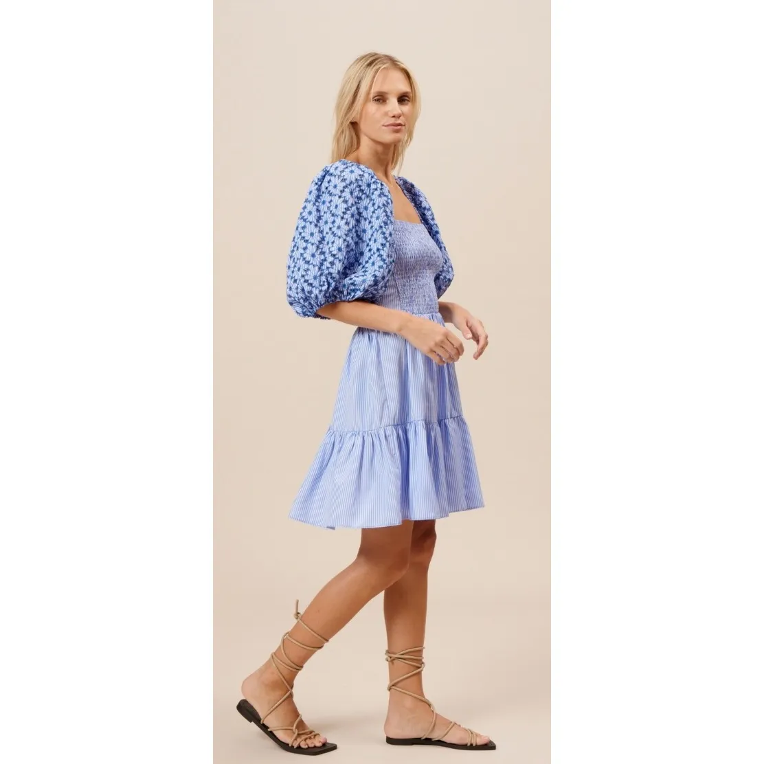 Lucy Paris Skya Embroidered Striped Mini Dress Smocked‎ Puff Sleeve Sz L NWT - Image 3