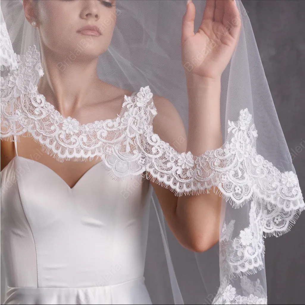 Bright White Cathedral Lace Veil with Blusher - Image 3
