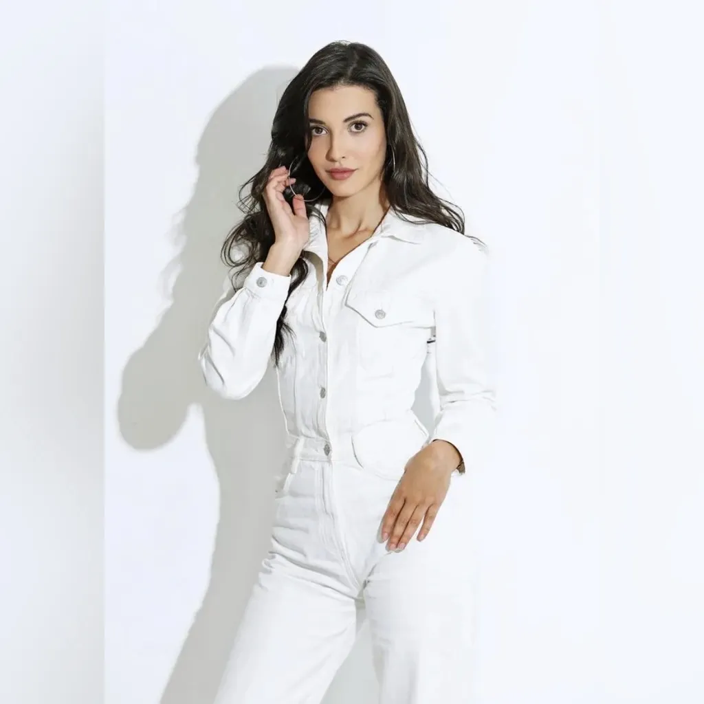 NWT ZARA TRF WIDE-LEG DENIM JUMPSUIT OYSTER WHITE - Image 2