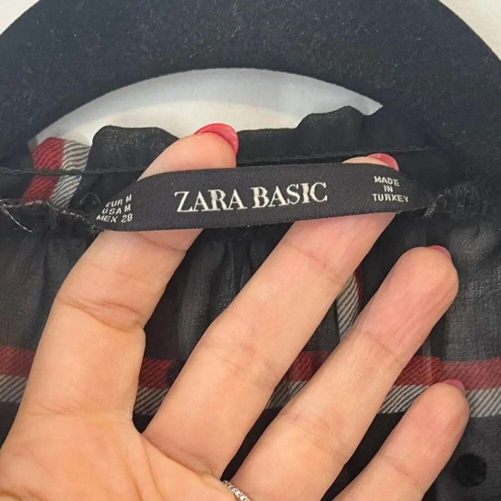 Zara Basic Women's sz. M Sheer Checker Dot Split Mock Neck Top Puff Sleeves - Image 8