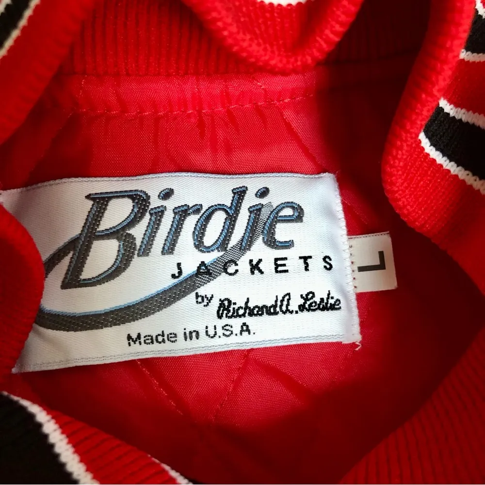 Vintage 70s 80s Bright Red Birdie Satin Varsity Jacket Bomber Portland Softball Size L - Image 12