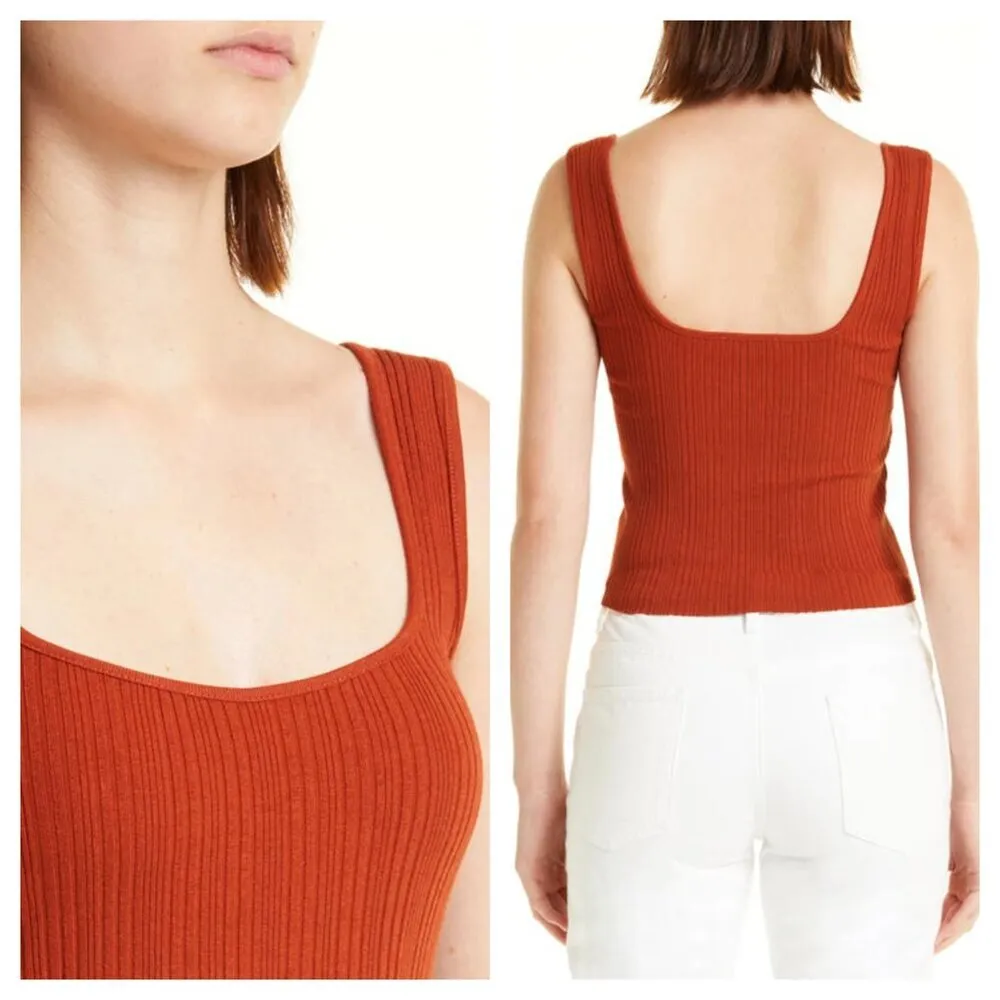 Vince Square Neck Rib Tank Top Fitted Wide Straps in Rust Amber Women's XS - Image 6