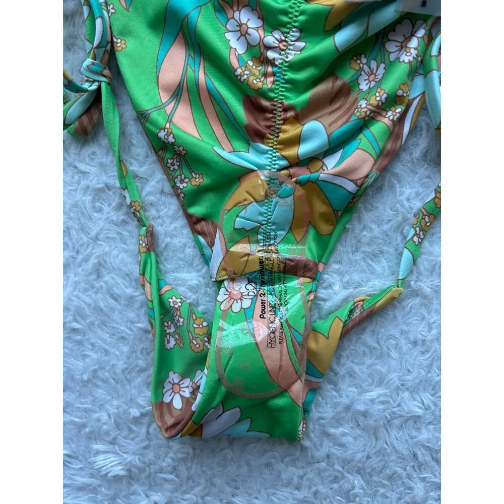 P2F Green Retro Floral Ruched String Tie Bikini Bottoms Size Small - Image 3