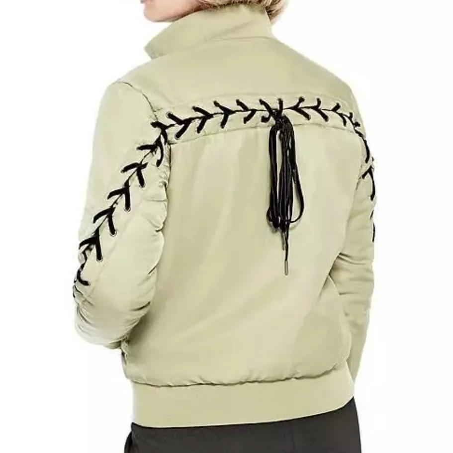 GUESS Luke Lace‎ Up Sporty Bomber Jacket Women’s Size M Olive Green Black Laces - Image 4