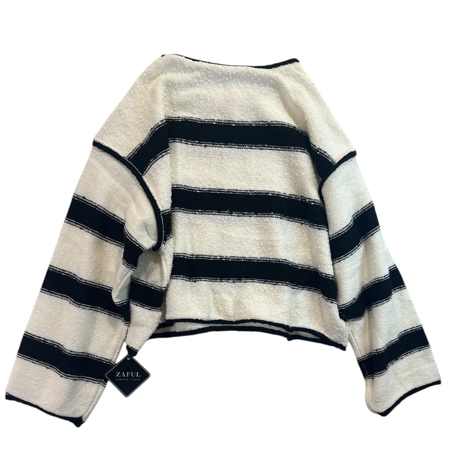 Zaful Striped Sweater Crop Top Black & Off White Cropped loose Size Medium NWT - Image 3