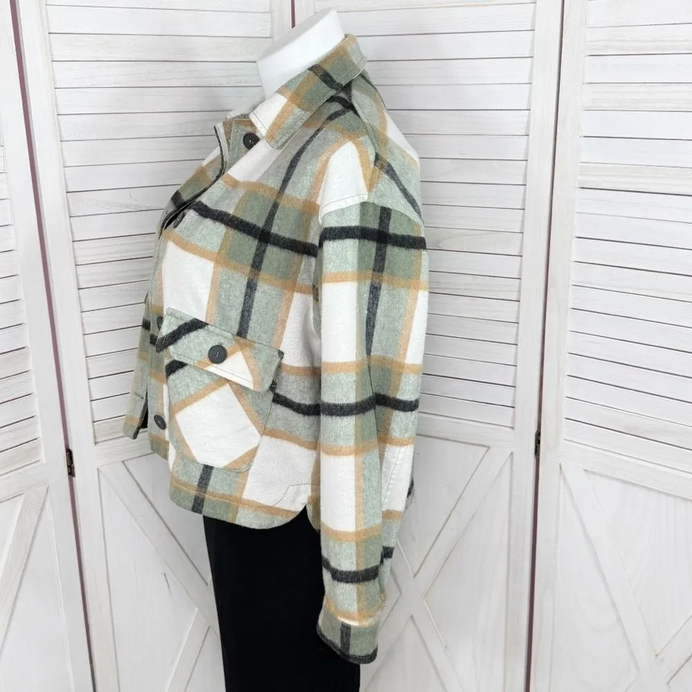 Zara Plaid Flannel Wool Blend Crop Shacket Jacket Green Ivory Large - Image 2