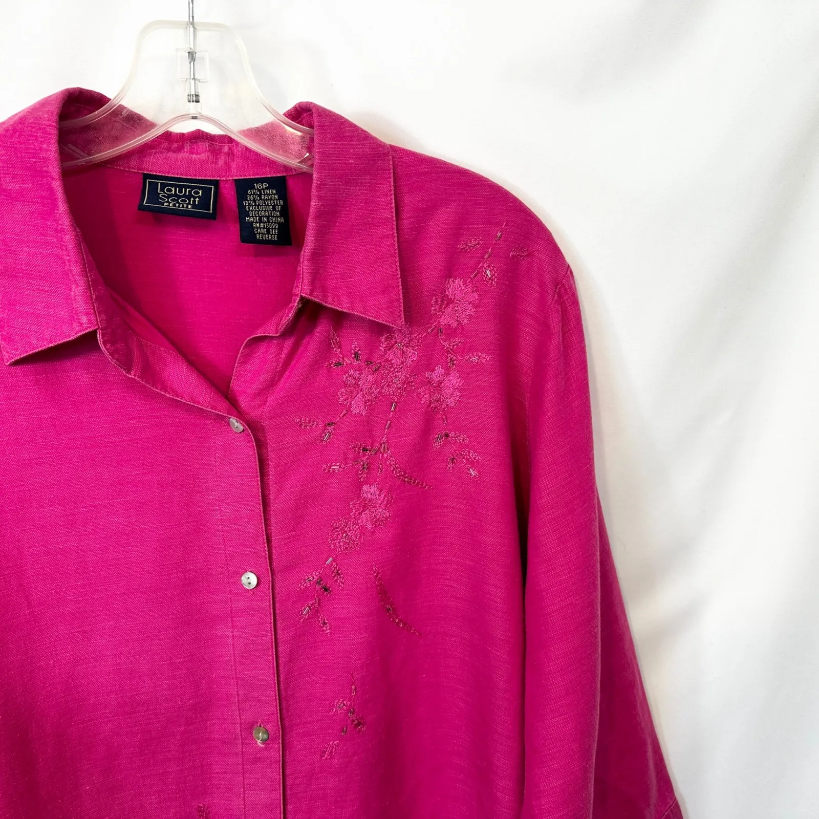Laura Scott 16P Top Hot Pink Linen Embroidered Beaded Button Down Career 292 - Image 4