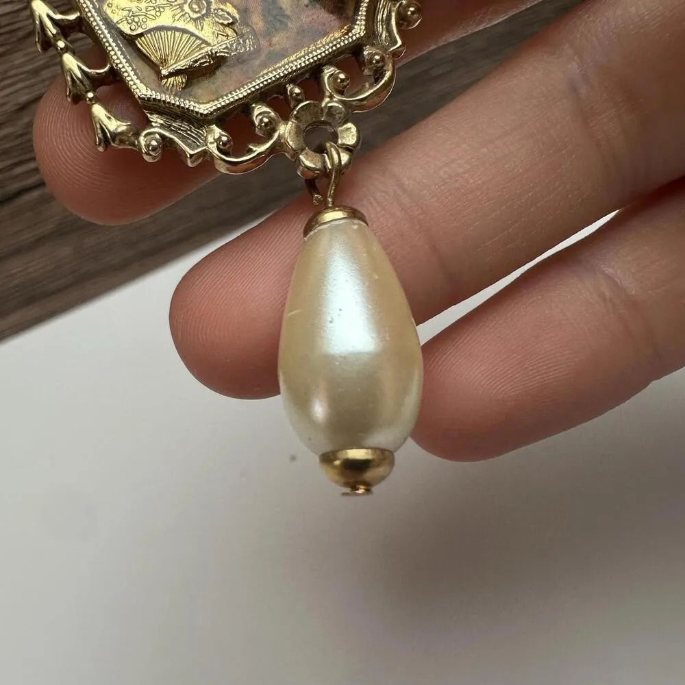 1928 Collection Cupids Listening To Music Faux Pearl Dangle Gold Tone Brooch Pin - Image 4