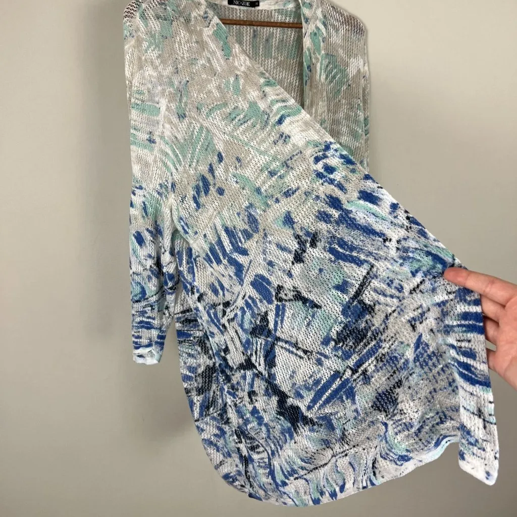 Nic+ Zoe Cardigan‎ Sweater Womens 3X Blue White Linen Blend Open Knit 3/4 Sleeve - Image 6